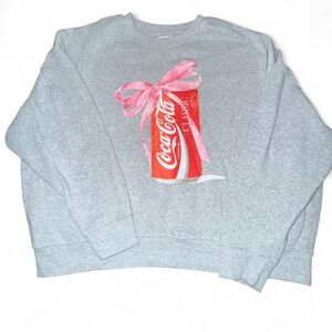 Coca Cola Grey Crewneck Sweatshirt with Red Can Graphic and Pink Bow